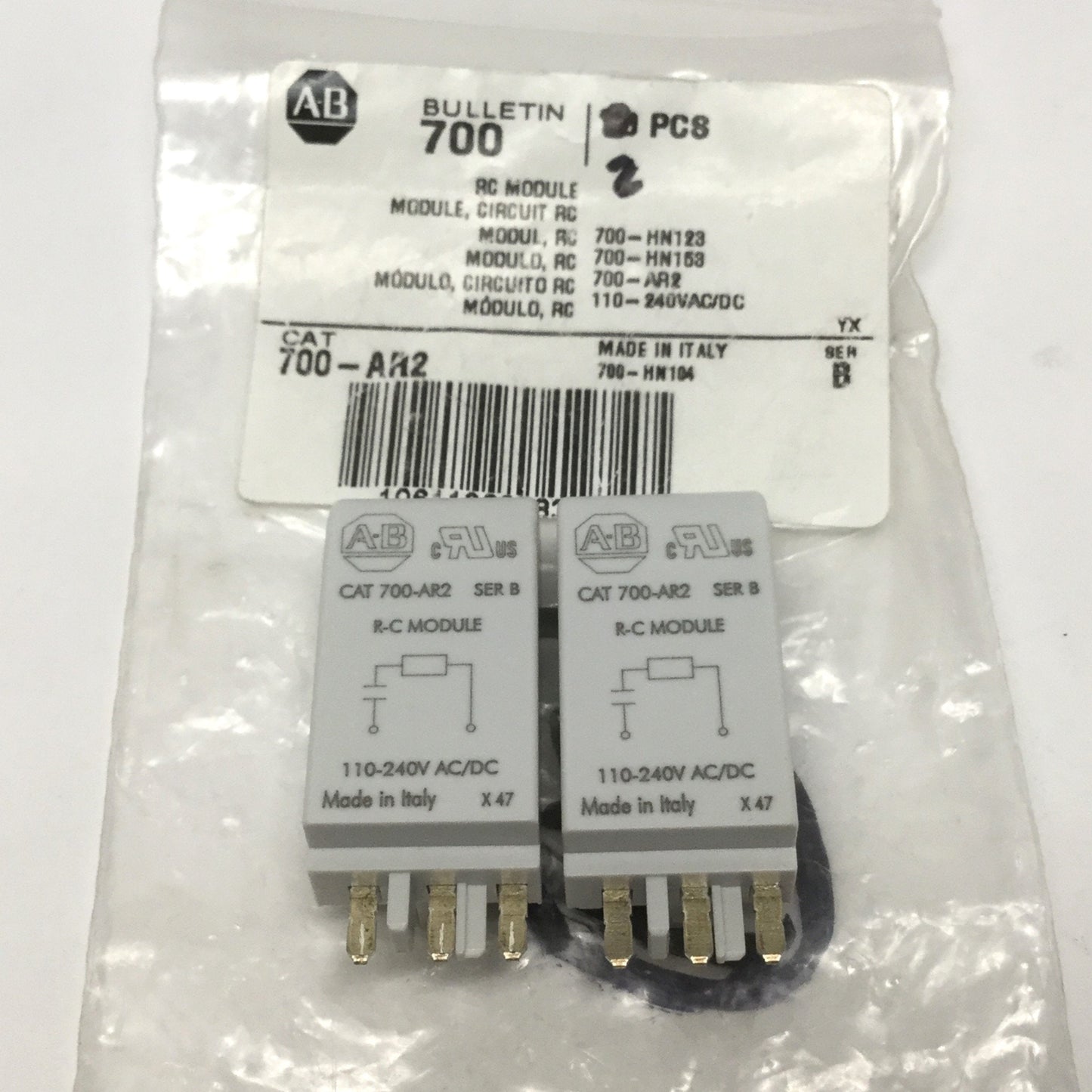 New – Open box Lot of 2 Allen Bradley 700-AR2 Socket Diode Module Surge Suppressors, 110-240V