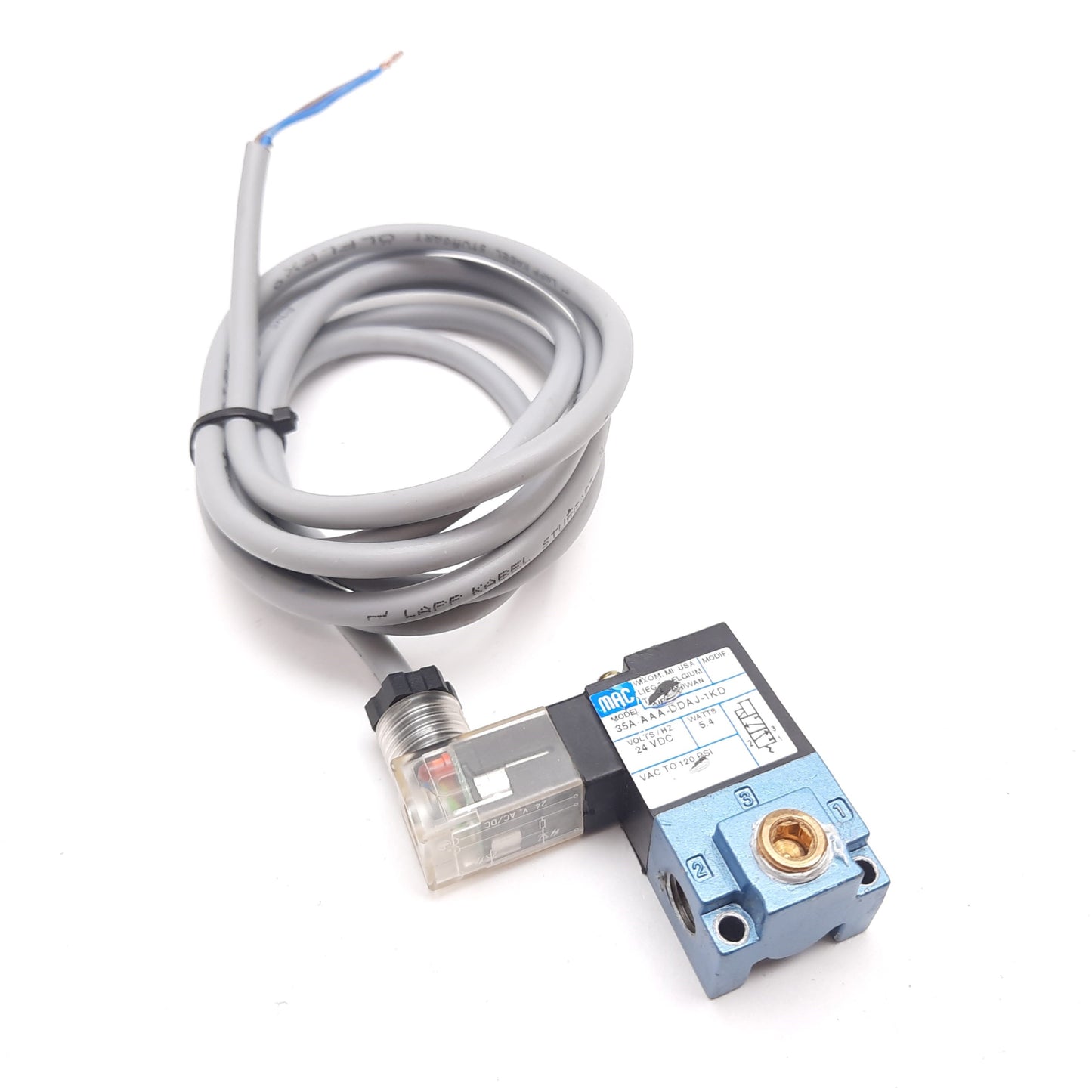 Used Mac 35A-AAA-DDAJ-1KD Solenoid Valve, 2-Position 3-Port, 24VDC, Vac to 120psi