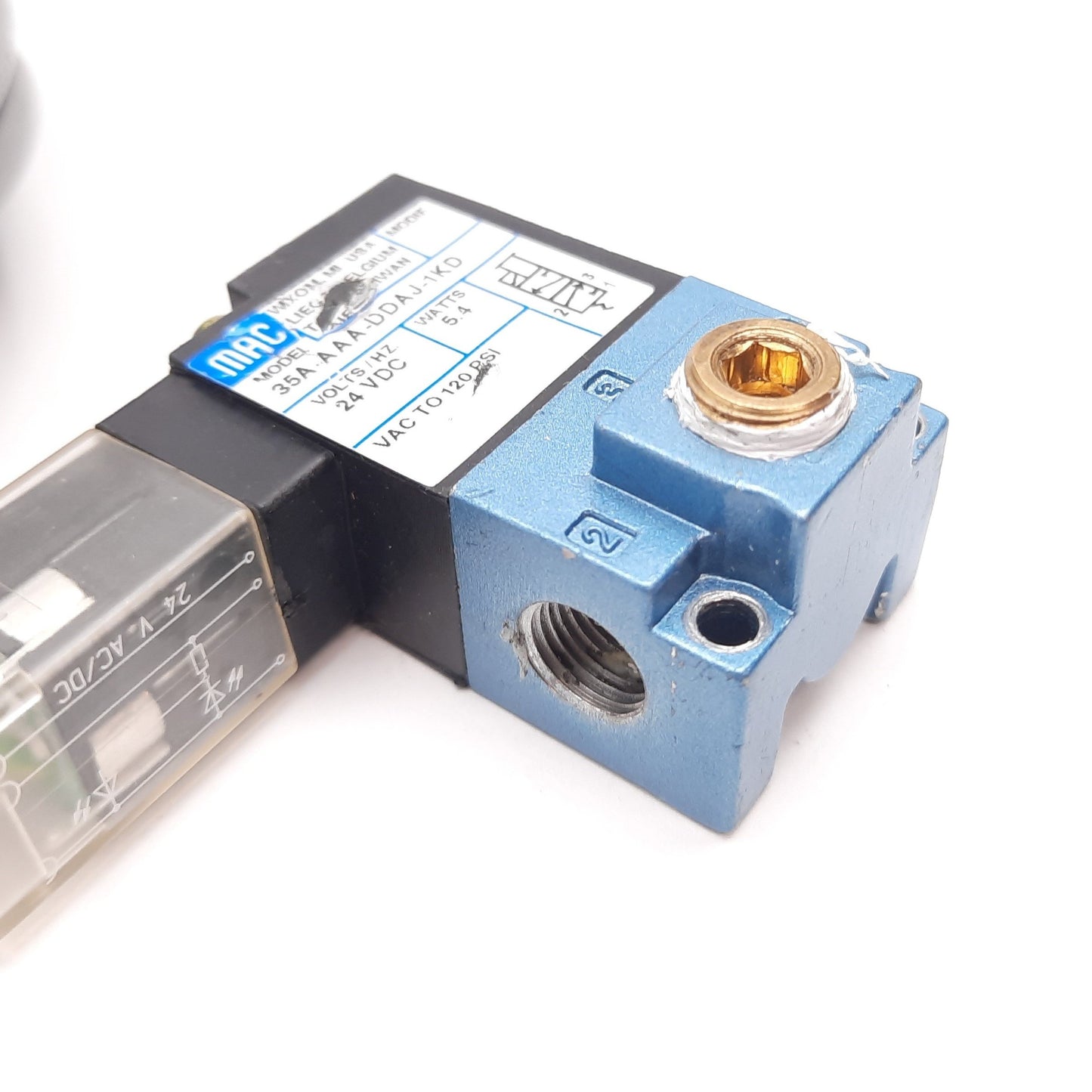 Used Mac 35A-AAA-DDAJ-1KD Solenoid Valve, 2-Position 3-Port, 24VDC, Vac to 120psi