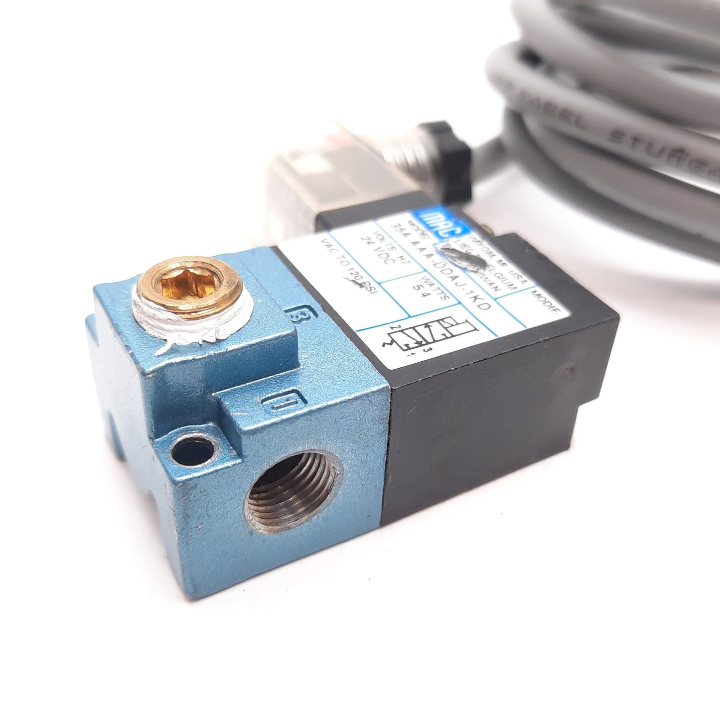 Used Mac 35A-AAA-DDAJ-1KD Solenoid Valve, 2-Position 3-Port, 24VDC, Vac to 120psi