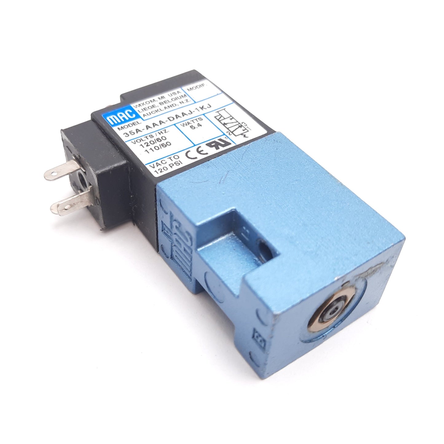 Used Mac 35A-AAA-DAAJ-1KJ Solenoid Valve, 2-Position 3-Port, 110/120VAC, Vac - 120psi