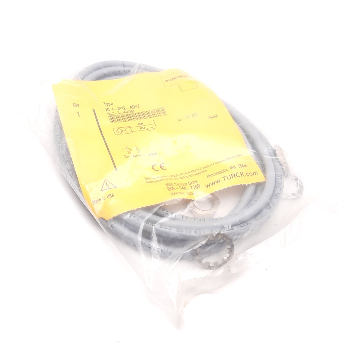 New Turck NI4-M12-AD4X Inductive Proximity Sensor, Range: 4mm, 10-65VDC, M12x1, 2m