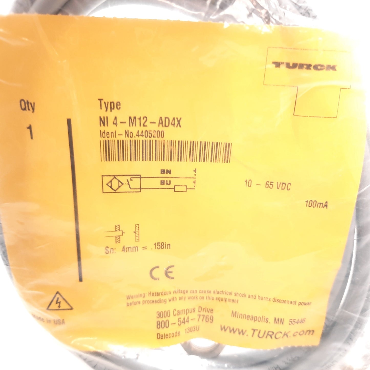 New Turck NI4-M12-AD4X Inductive Proximity Sensor, Range: 4mm, 10-65VDC, M12x1, 2m