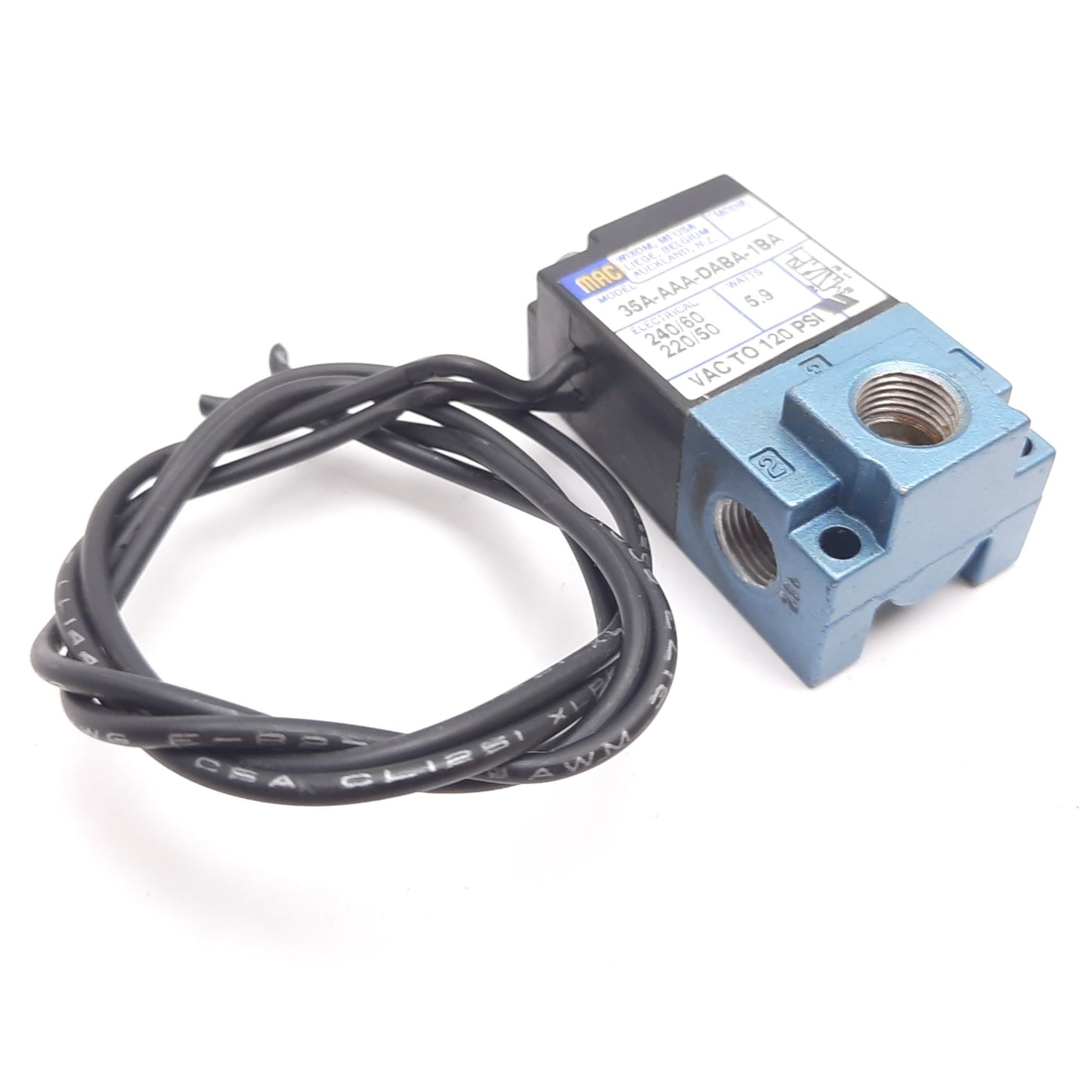Used Mac 35A-AAA-DABA-1BA Solenoid Valve, 2-Position 3-Port, 220/240VAC, 1/8" NPT