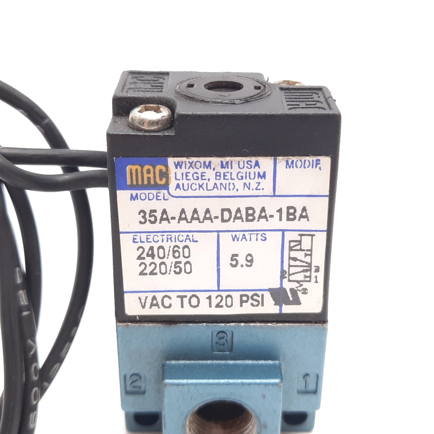 Used Mac 35A-AAA-DABA-1BA Solenoid Valve, 2-Position 3-Port, 220/240VAC, 1/8" NPT