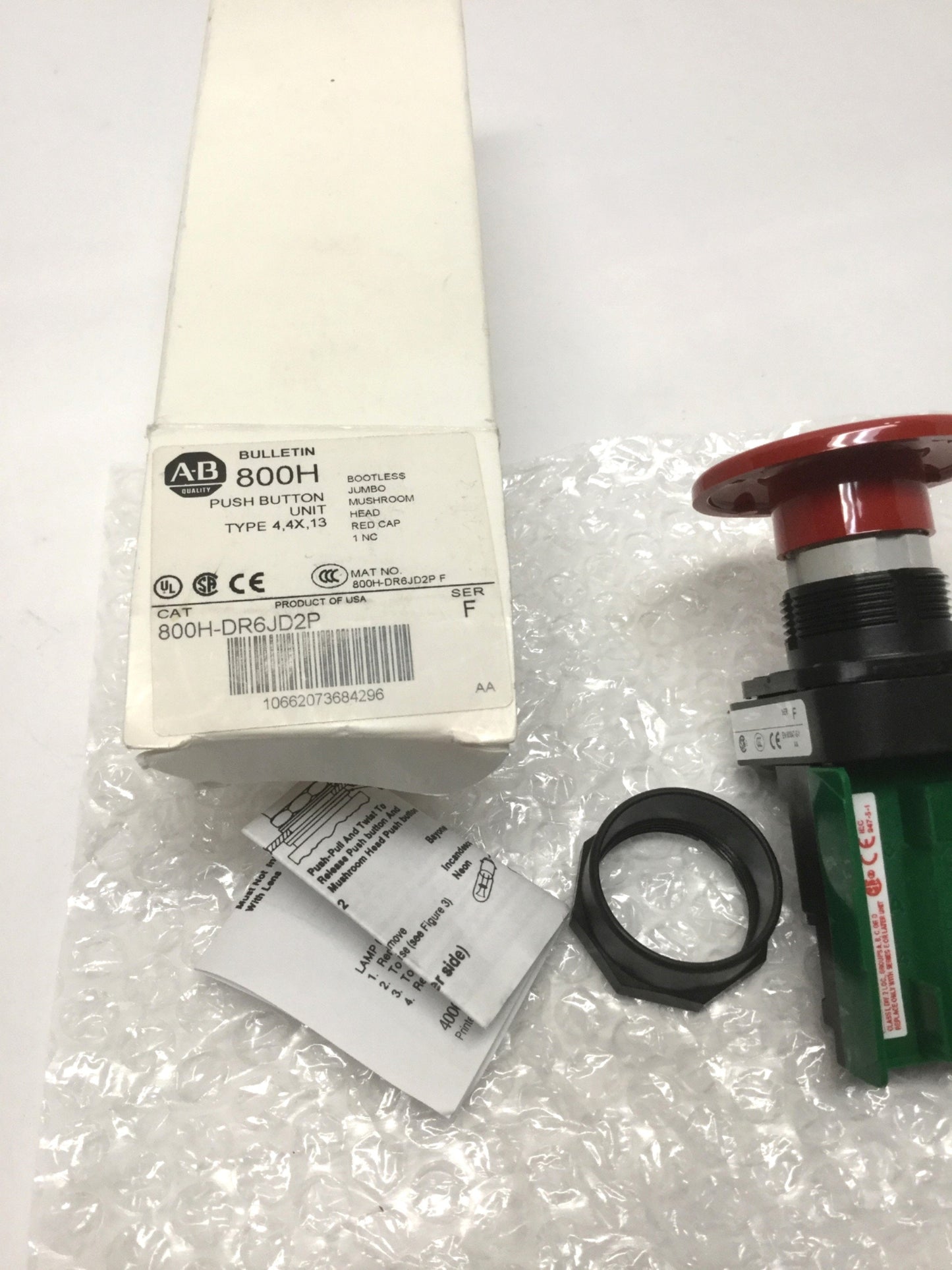 New – Open box Allen Bradley 800H-DR6JD2P Jumbo Red Mushroom Momentary Pushbutton Switch, 1NC