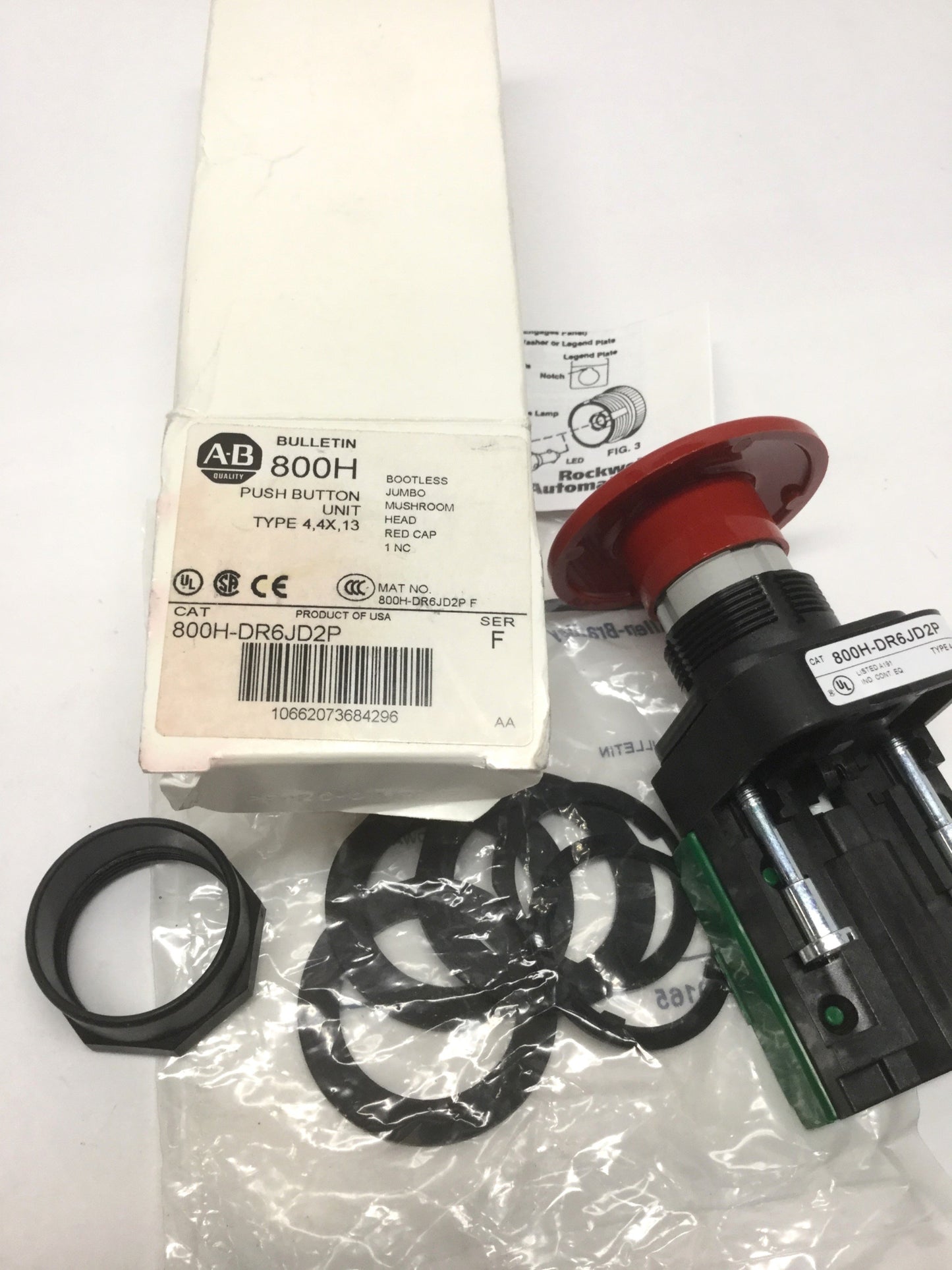 New – Open box Allen Bradley 800H-DR6JD2P Jumbo Red Mushroom Momentary Pushbutton Switch, 1NC