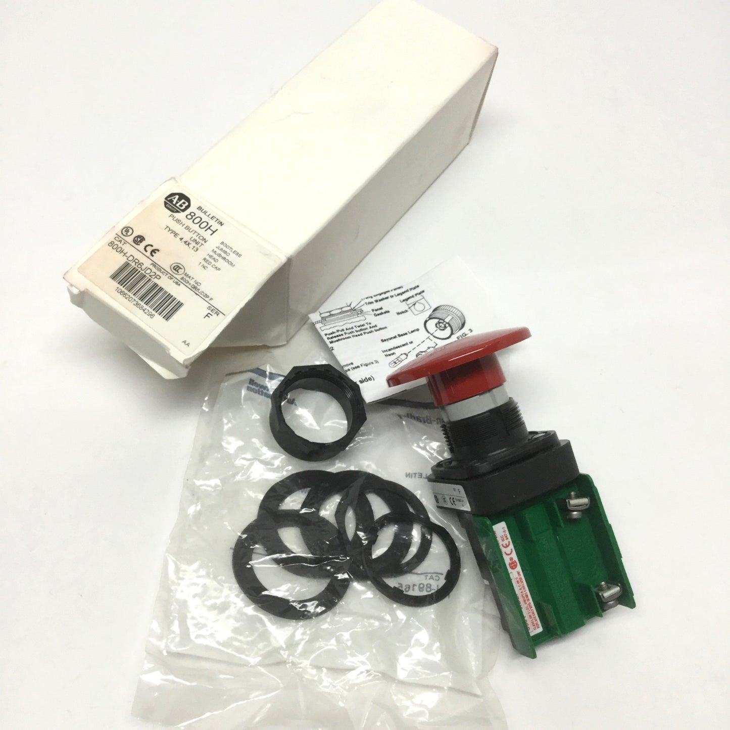 New – Open box Allen Bradley 800H-DR6JD2P Jumbo Red Mushroom Momentary Pushbutton Switch, 1NC