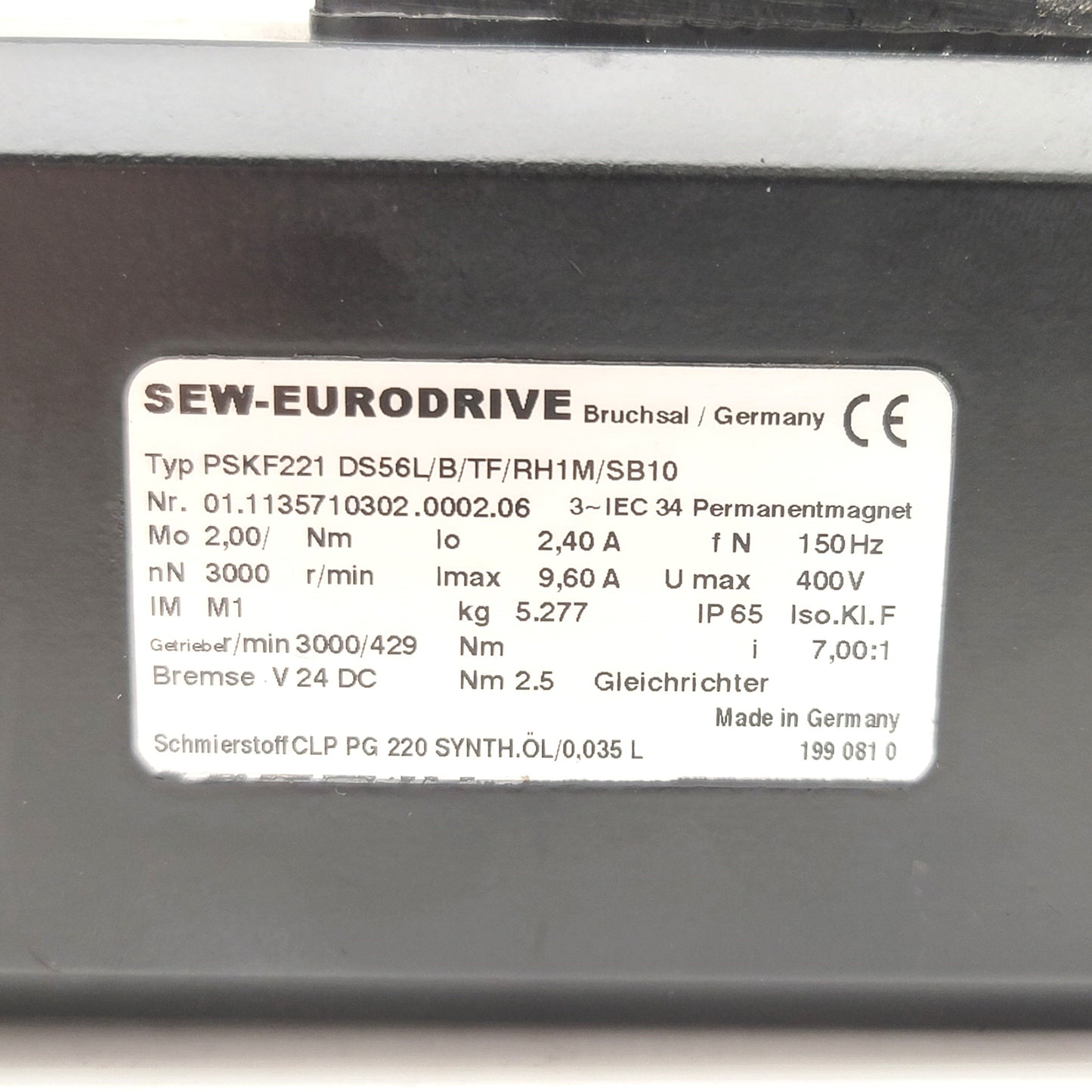 Used SEW-Eurodrive PSKF221 DS56L/B/TF/RH1M/SB10 Servo Gearmotor 2.0Nm, 400V, 3000RPM