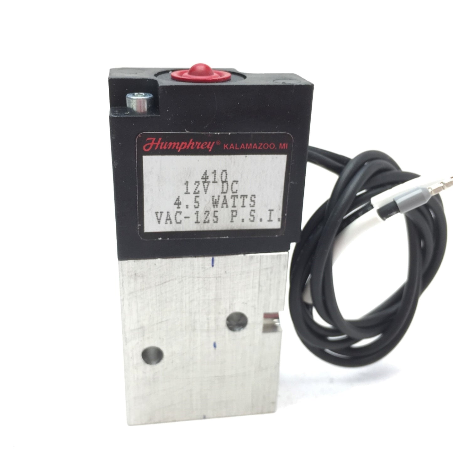 Used Humphrey 410 Pneumatic Solenoid Valve, 4-Port, 2-Position, 12VDC, 4.5W, 1/8" NPT