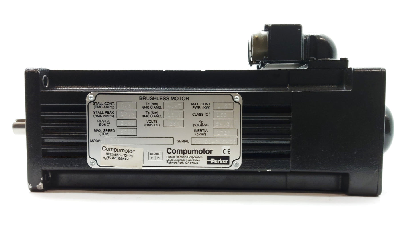 Used Parker APEX606-MO-25 Brushless AC Motor, 2.1HP, 3600RPM, 3 Phase 240V, NEMA 34
