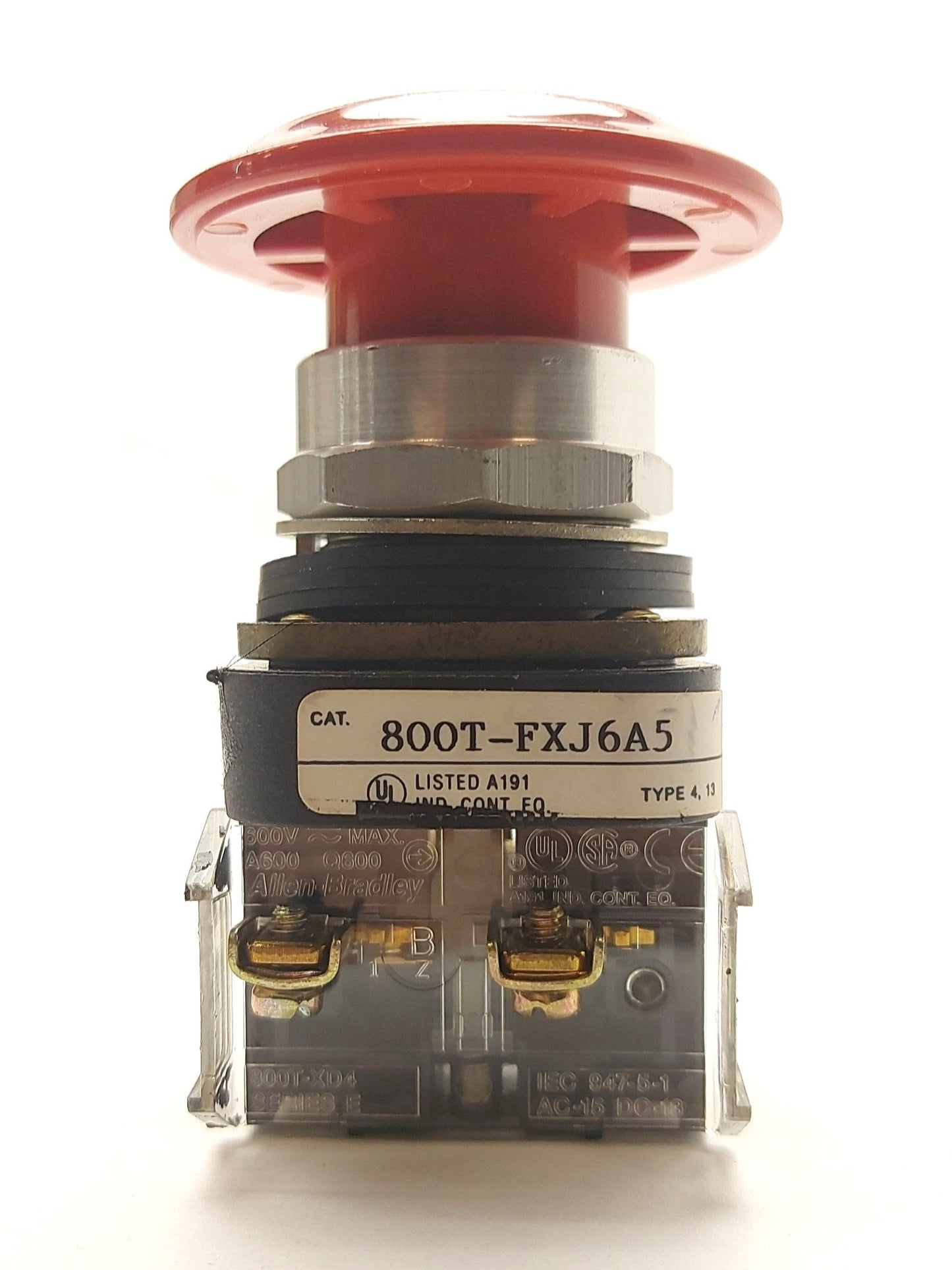 Used Allen Bradley 800T-FXJ6A5 E-Stop Button, 2x 800T-XD4 Contacts NC, 600V 10A