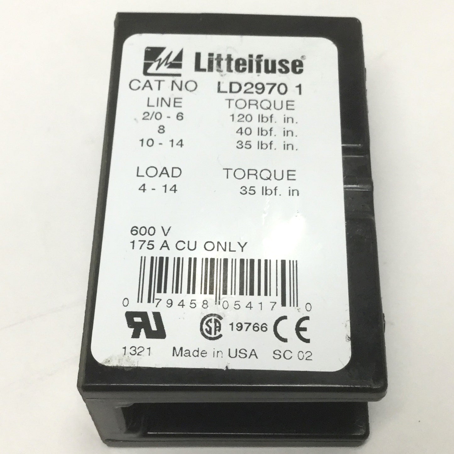 New – Open box Littelfuse LD2970-1 Power Distribution Block 1-Pole, 1x Line, 4x Load, 600V 175A