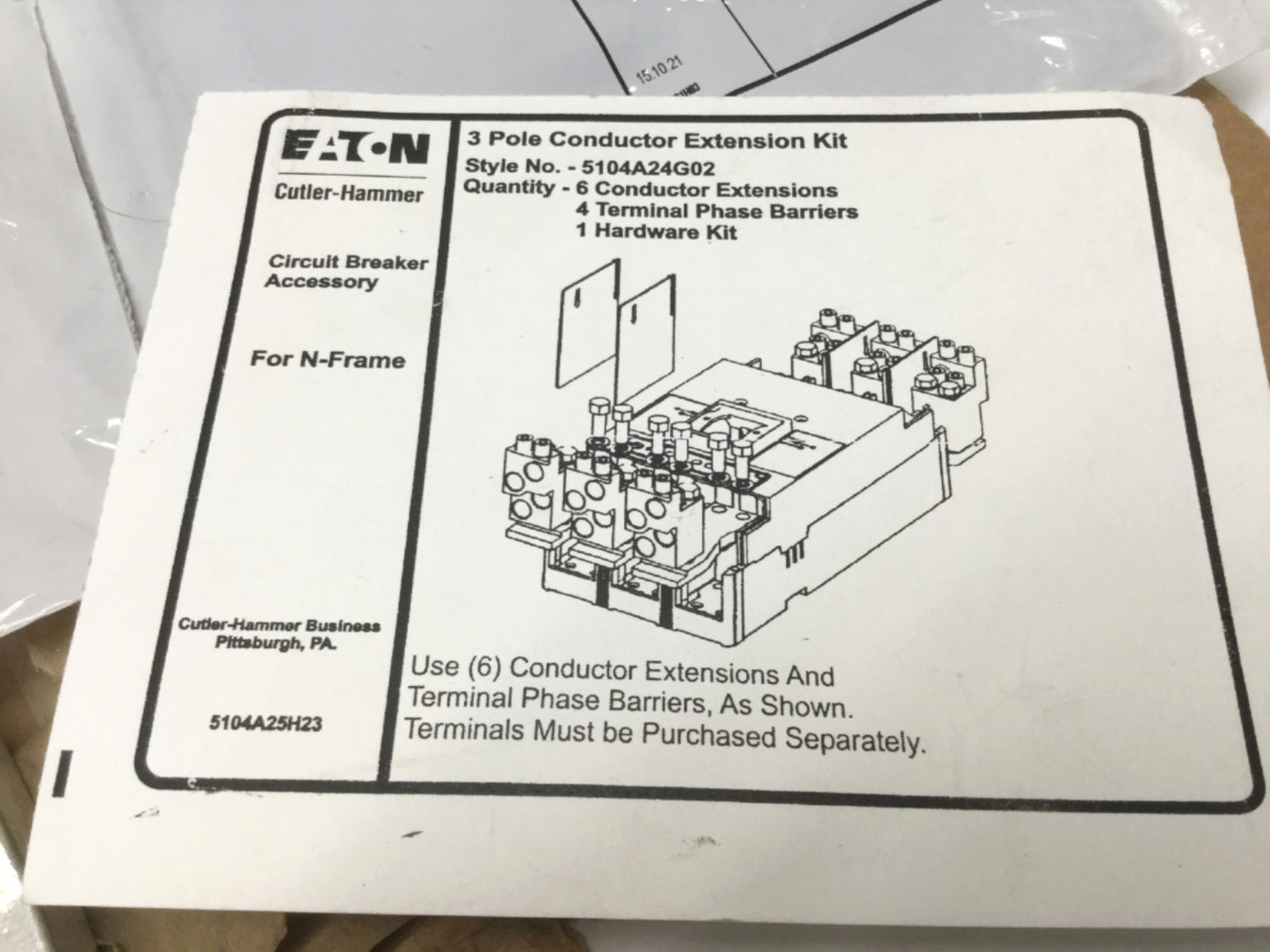 New – Open box Eaton 5104A24G02 Conductor Extension Kit, 3-Pole, N-Frame Circuit Breaker, 1200A