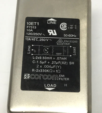 Used Corcom 10ET1 F7313 Power Line Filter EMI/RFI, 120/250VAC, 10A, Panel Mount