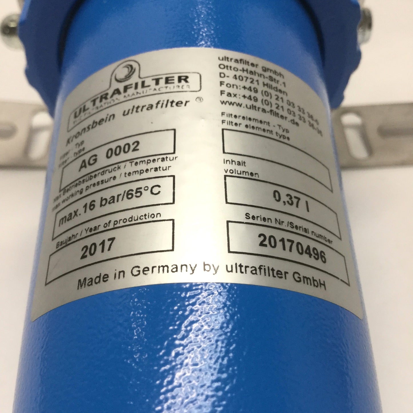 Used Ultrafilter AG 0002 Aluminum Industrial Filter Housing, G1/4" Ports, 16 bar Max