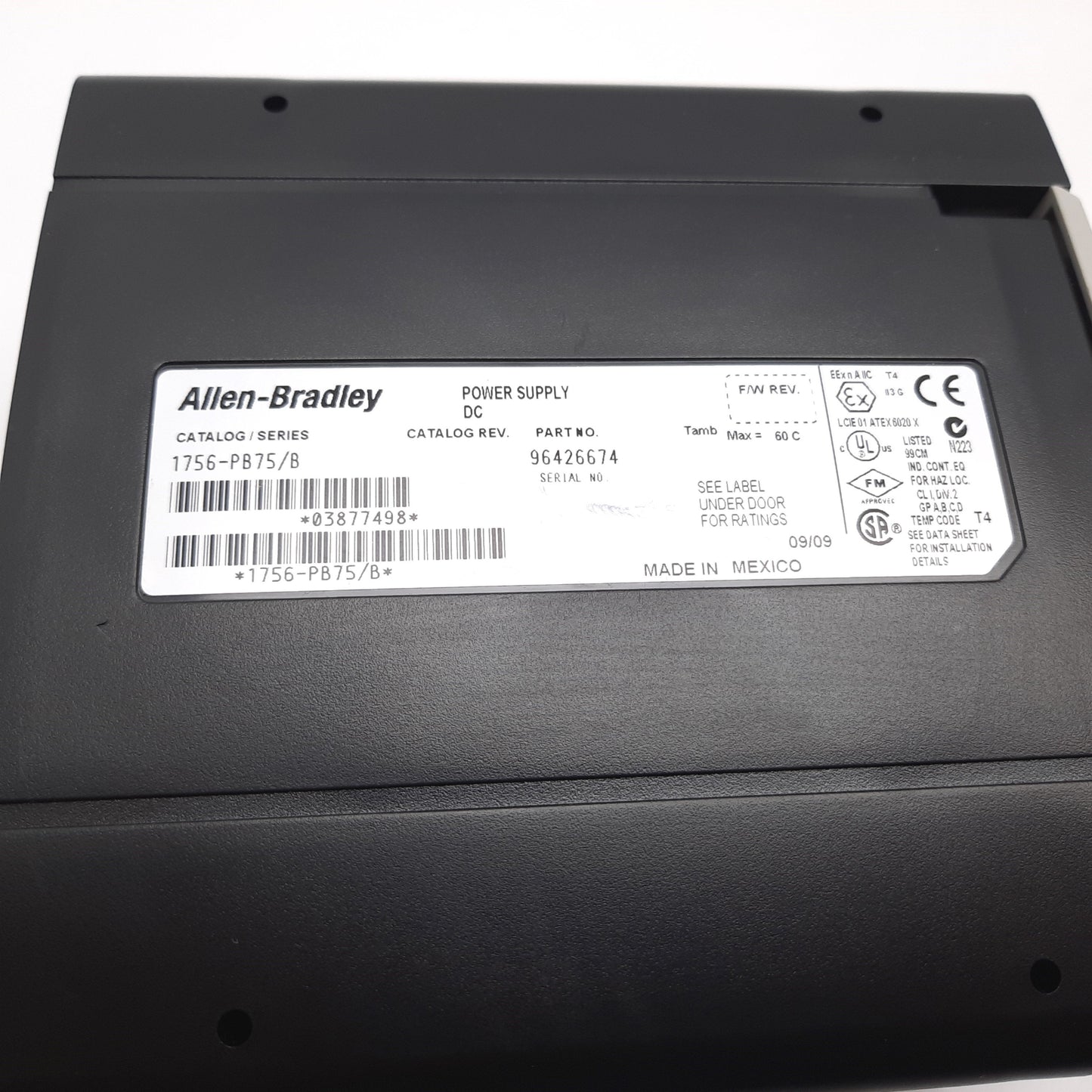 Used Allen Bradley 1756-PB75/B PLC Power Supply, Input: 24VDC, Output: 1.2-24VDC