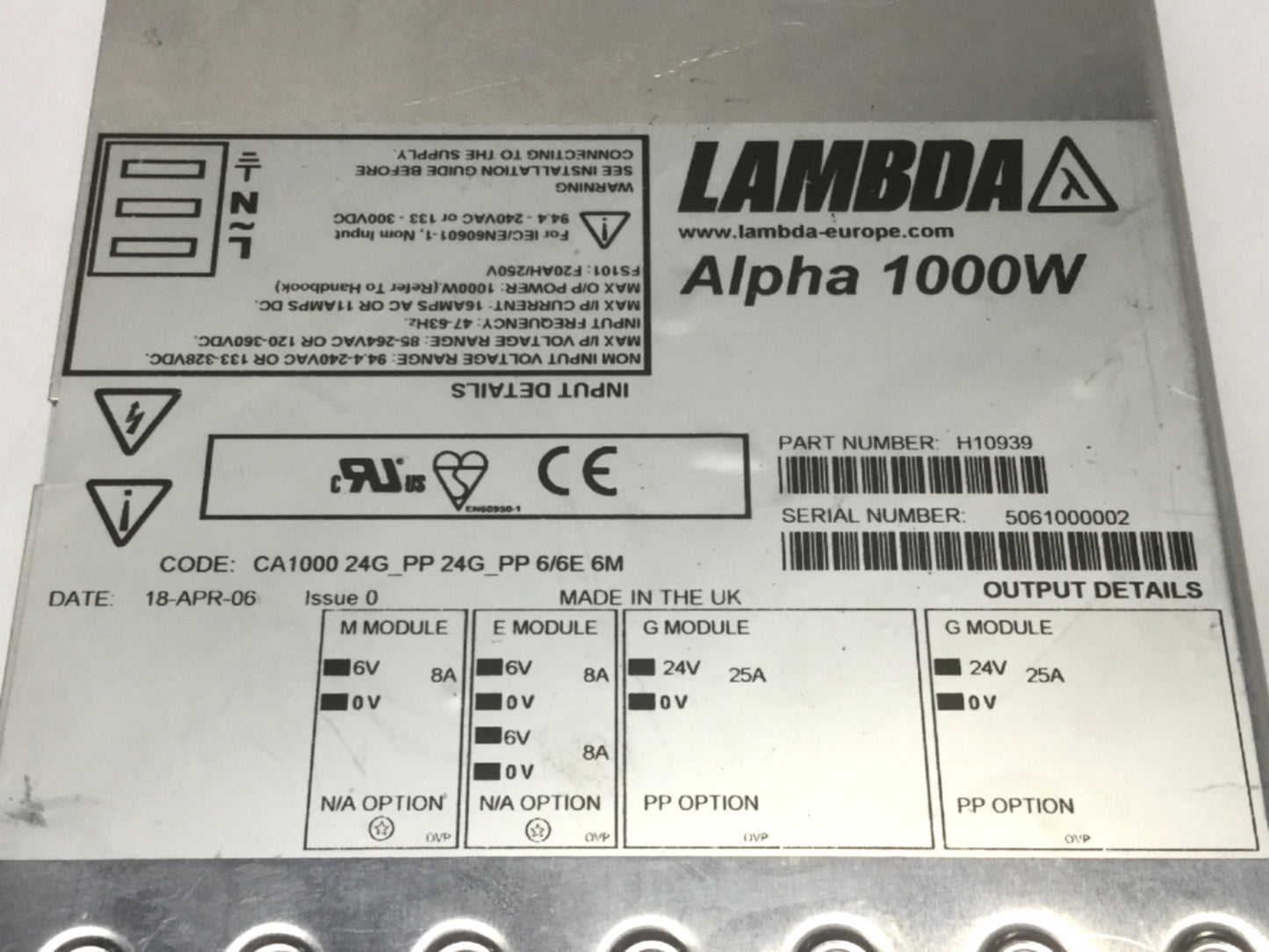 Used LAMBDA H10939 Alpha 1000W Modular Power Supply 85-264VAC In, 6/24VDC 8/25A Out