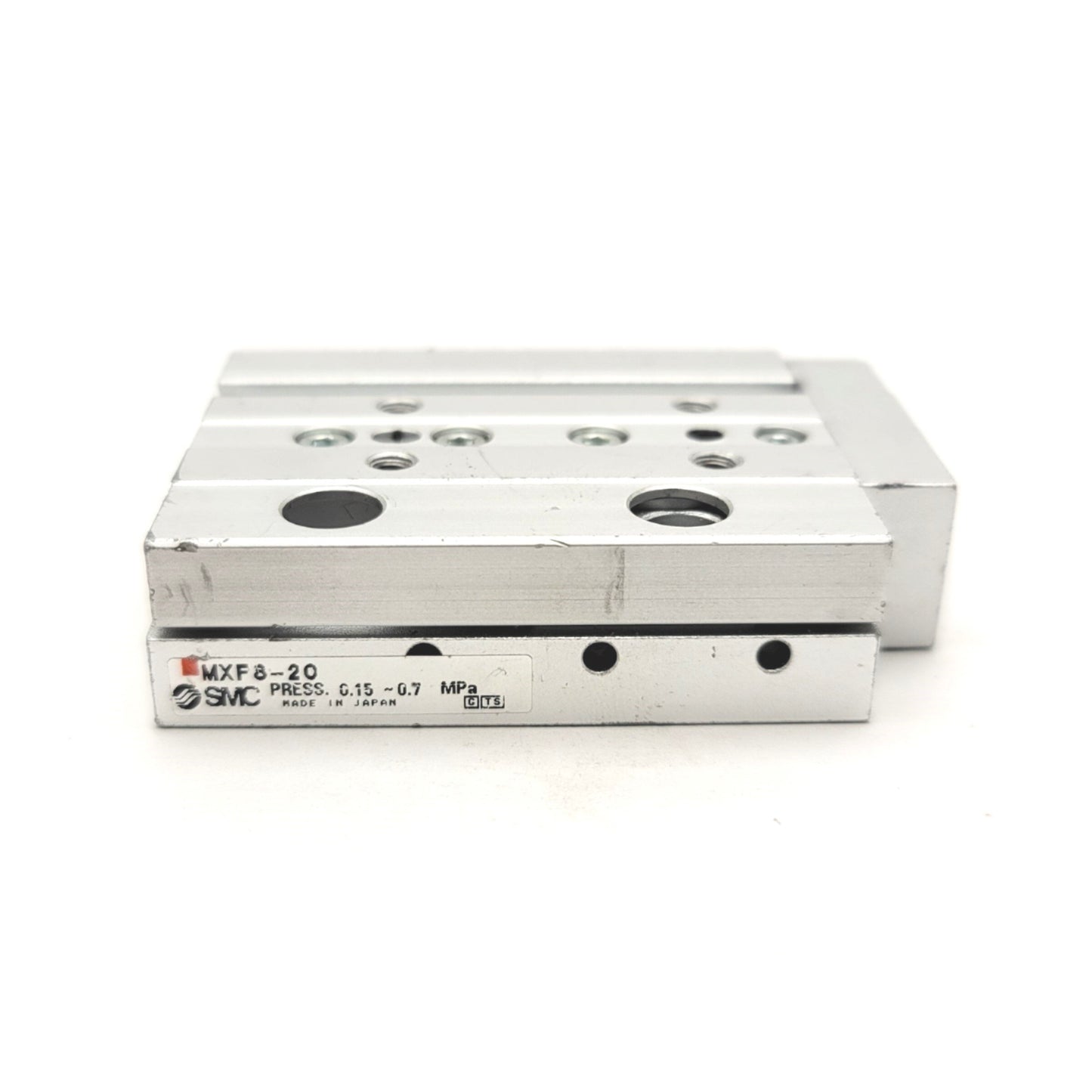 Used SMC MXF8-20 Low Profile Slide Table Bore: 8mm Stroke: 20mm, 0.15-0.7MPa, M3x0.5