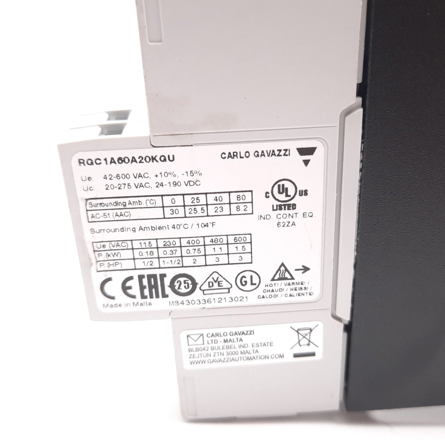 Used Carlo Gavazzi RGC1A60A20KGU Solid State Contactor, 20-275VAC / 24-190VDC