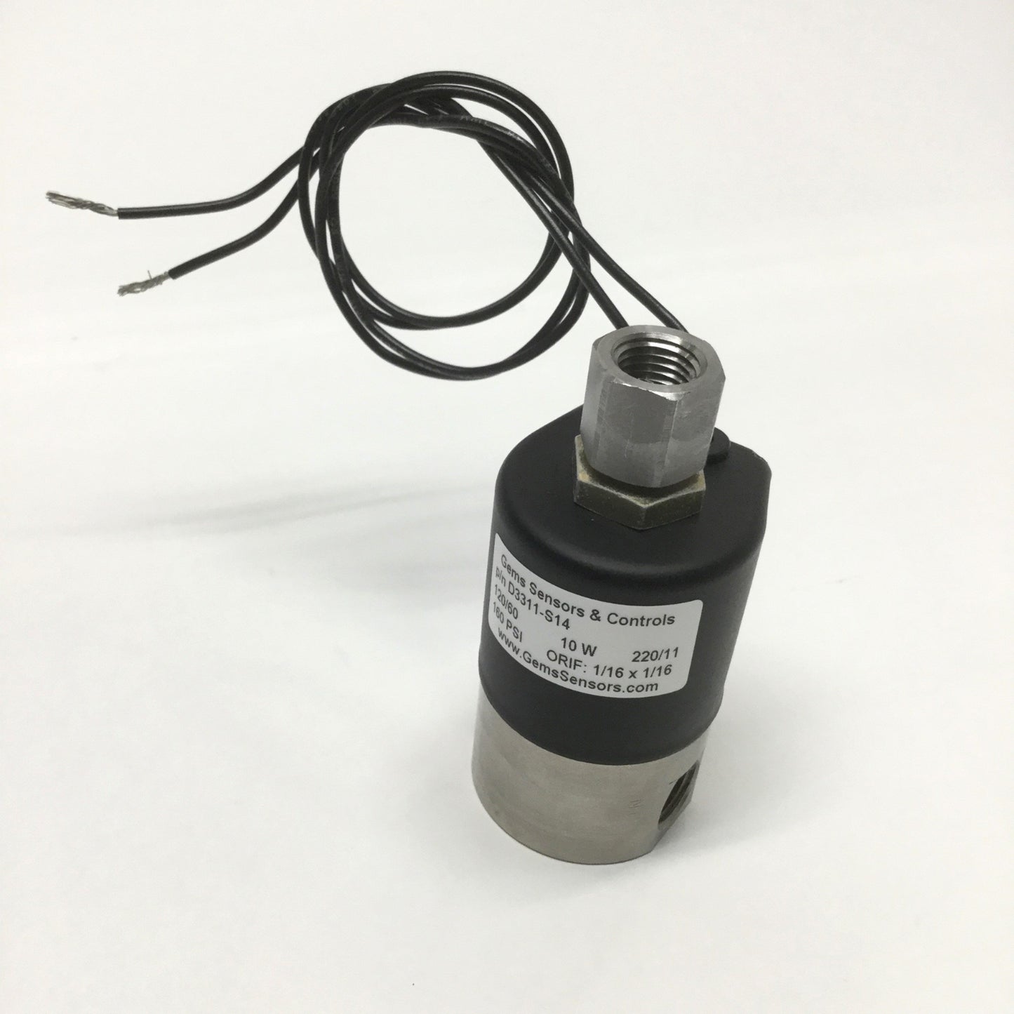 Used Gems Sensors D3311-S14 Solenoid Valve, 3-Way, 1/4" NPT, 120VAC Coil, 160psi