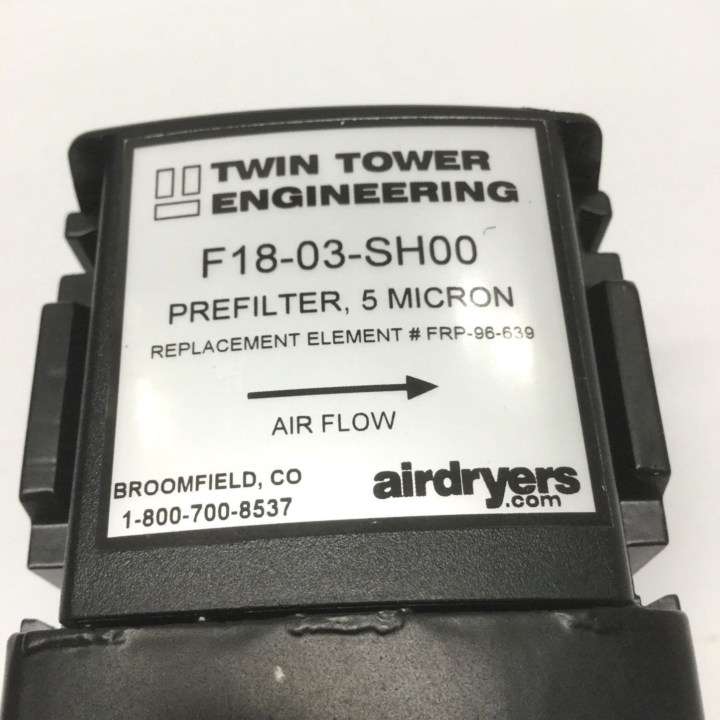 Used Twin Tower F18-03-SH00 Particulate Prefilter, 5 micron, 3/8" NPT, Auto Drain