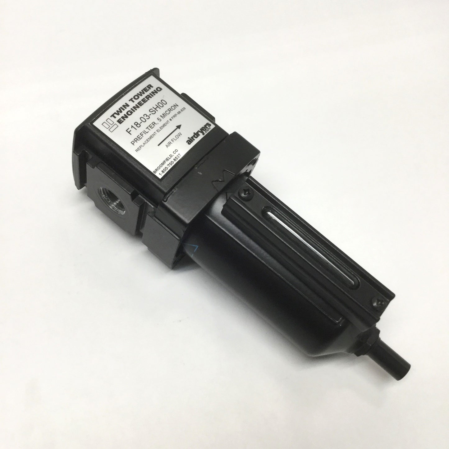 Used Twin Tower F18-03-SH00 Particulate Prefilter, 5 micron, 3/8" NPT, Auto Drain