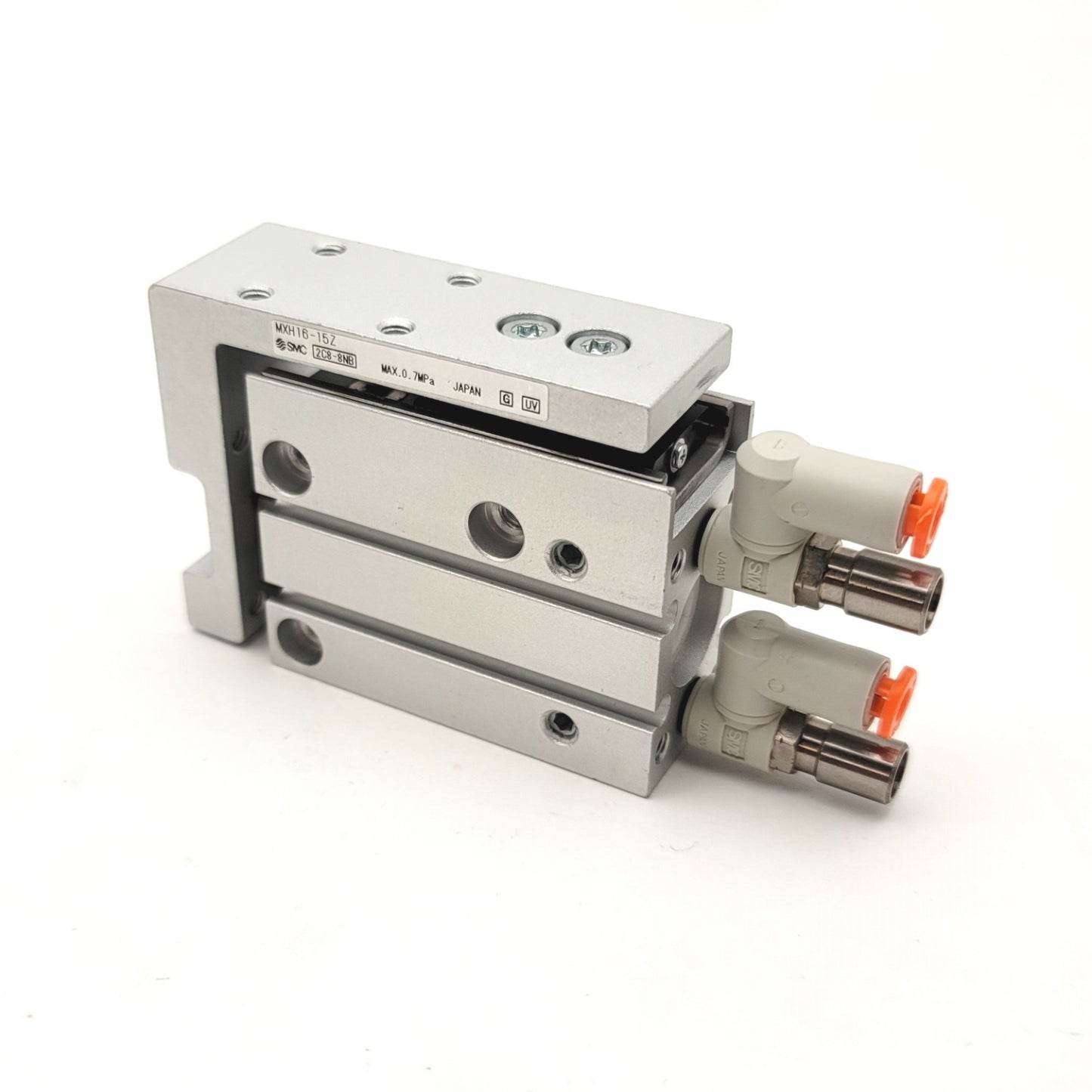 Used SMC MXH16-15Z Compact Slide Table Bore: 16mm, Stroke: 15mm, M5x0.8, 0.06-0.7MPa