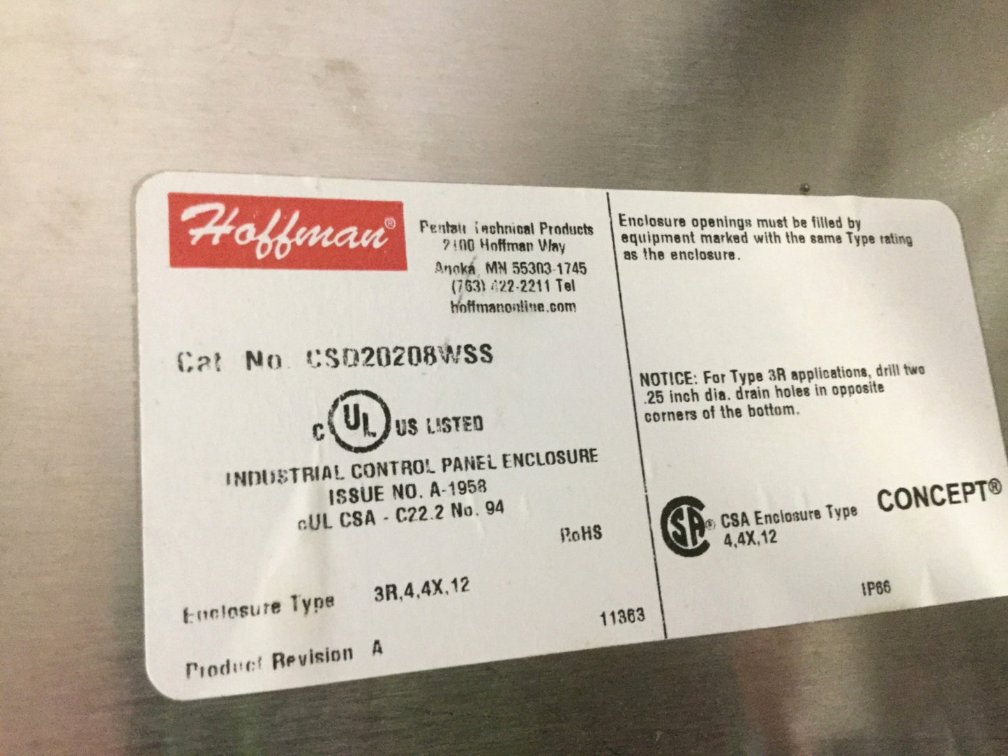 Used Hoffman CSD20208WSS Stainless Steel Windowed Enclosure Box 20 x 20" x 8" *Holes*