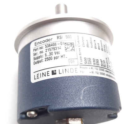 Used Leine & Linde RSI 505 538408-01 Rotary Encoder, 3/8" Shaft, 9-30VDC, 2500 PPR