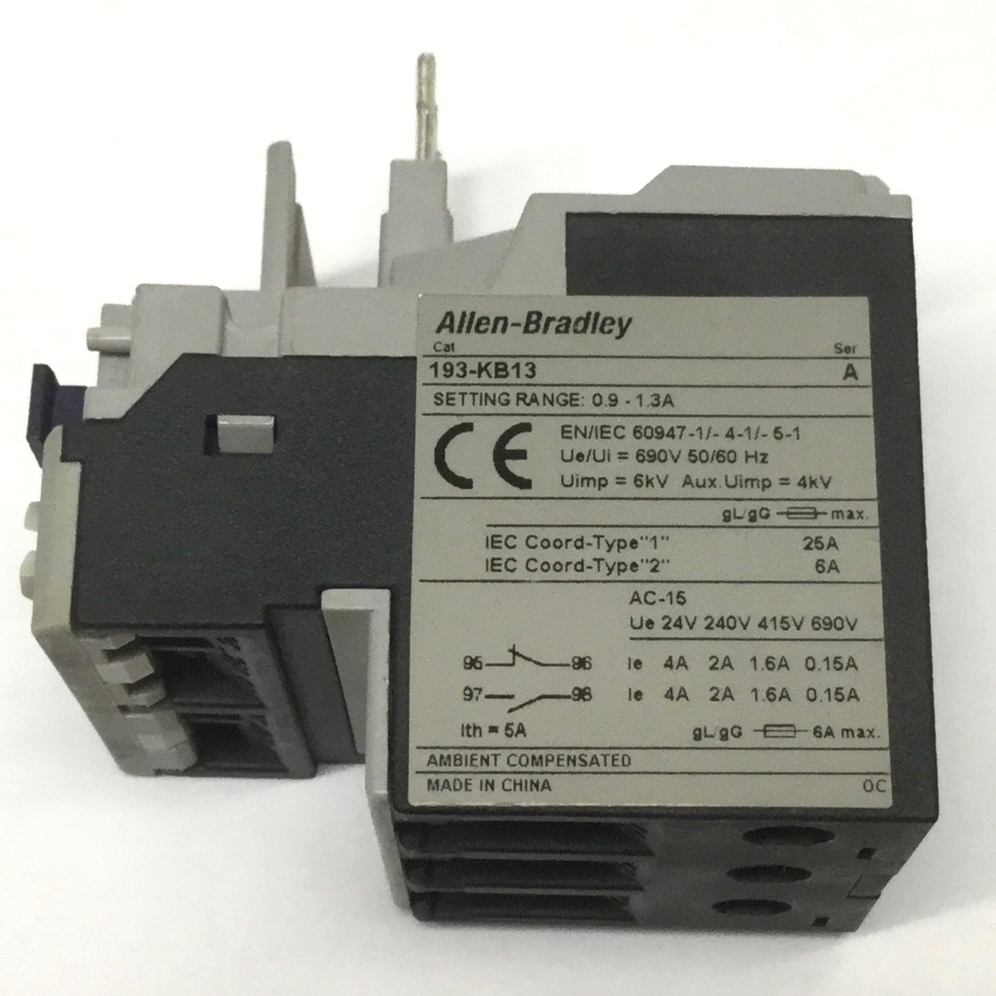 Used Allen Bradley 193-KB13 Thermal Overload Relay 0.9-1.3A Adjustable Range, 600VAC