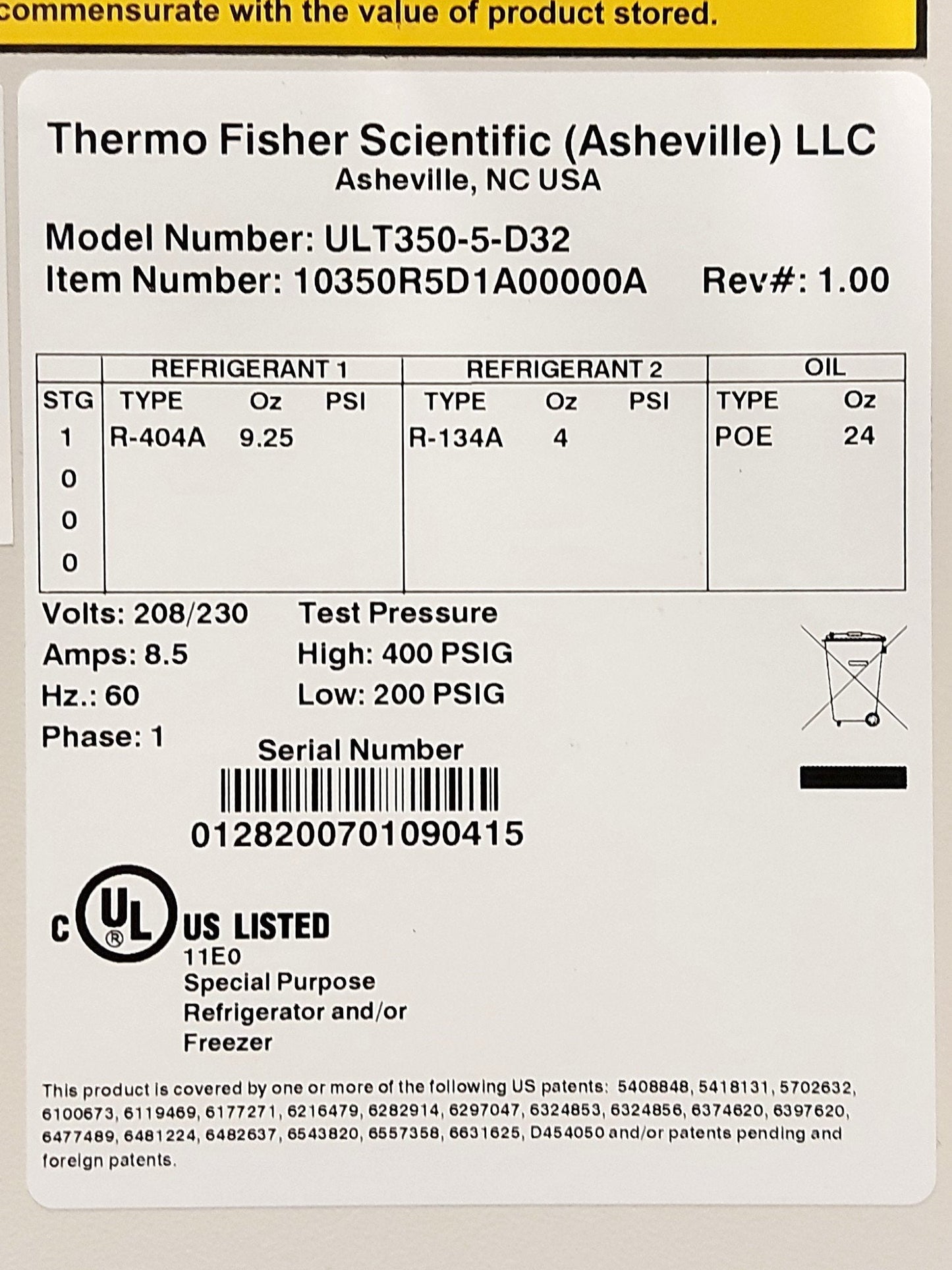 Used Thermo Scientific ULT-350-5-D32 Elite Chest Lab Freezer, -40℃, 3.1ft², 220VAC