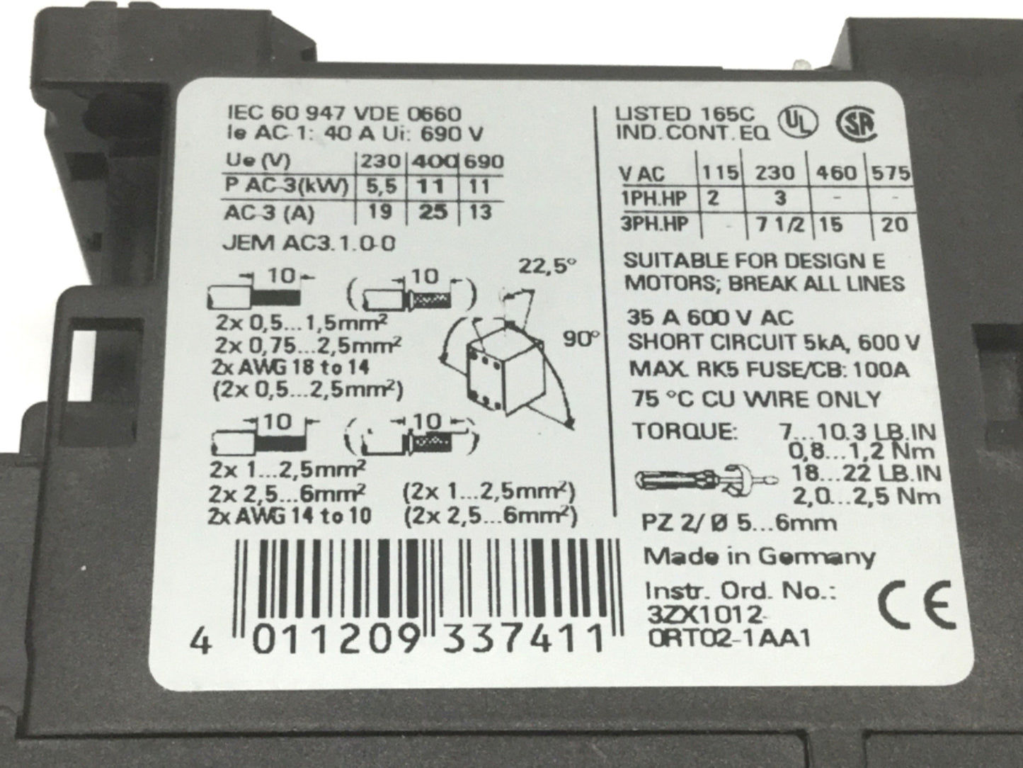 Used Siemens 3RT1026-1A Sirius Power Contactor 3-Pole, 110VAC Coil, 35A 600VAC