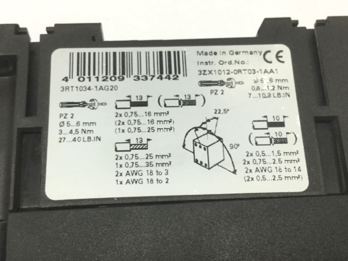 Used Siemens 3RT1034-1AG20 Sirius Power Contactor S2 3-Pole, 110VAC Coil, 32A 600VAC