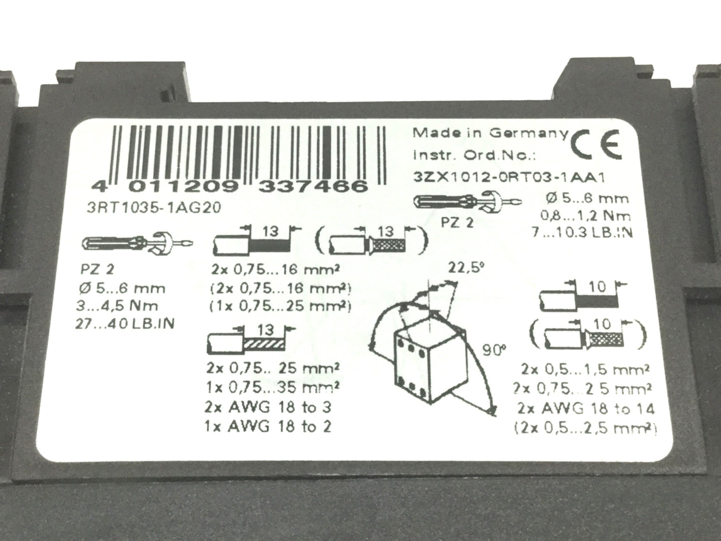Used Siemens 3RT1035-1AG20 Sirius Power Contactor S2 3-Pole, 110VAC Coil, 40A 600VAC