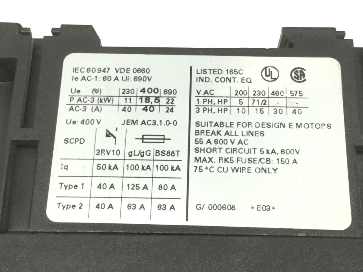 Used Siemens 3RT1035-1AG20 Sirius Power Contactor S2 3-Pole, 110VAC Coil, 40A 600VAC