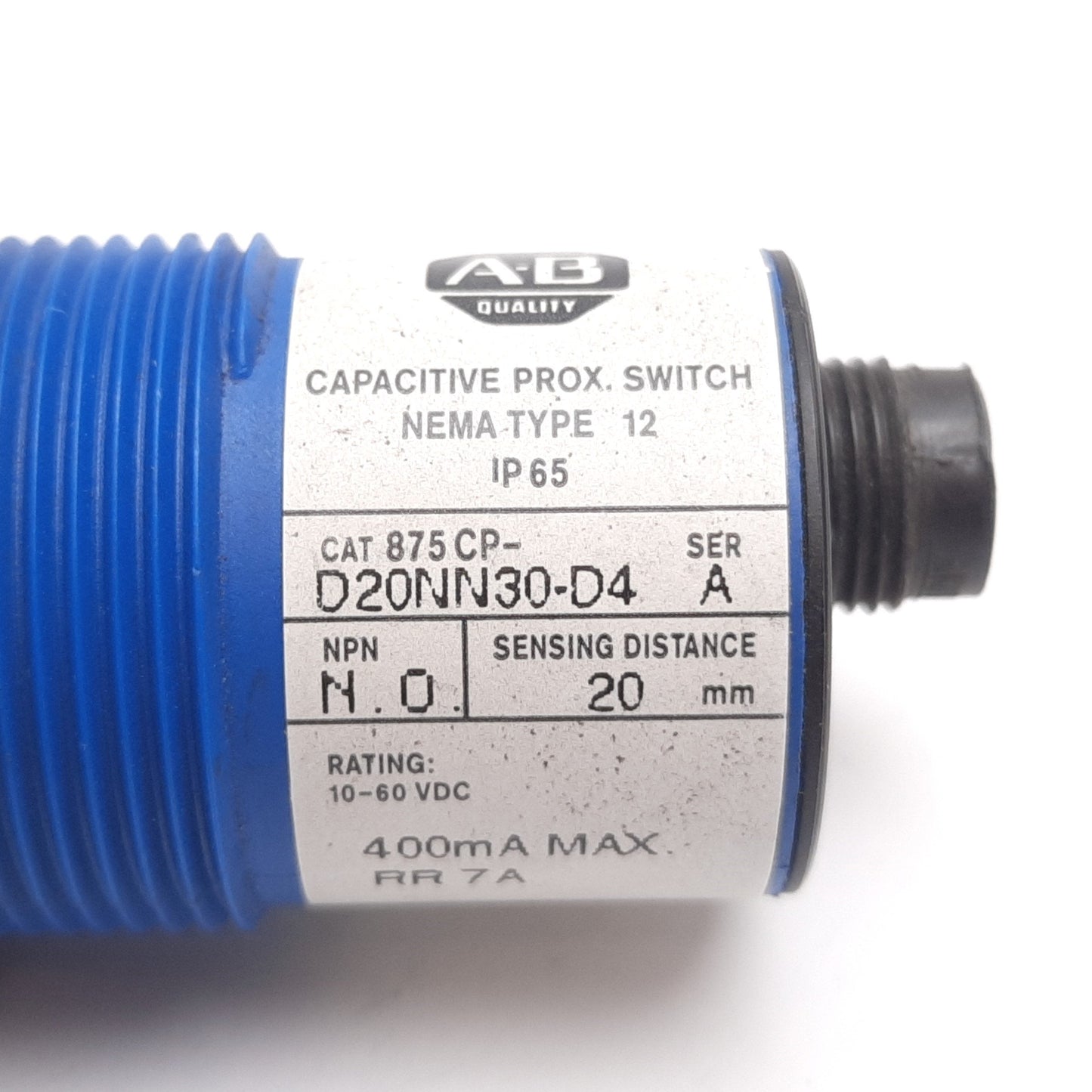 Used Allen Bradley 875CP-D20NN30-D4 Capacitive Proximity Sensor, 20mm, 10-60VDC, NPN