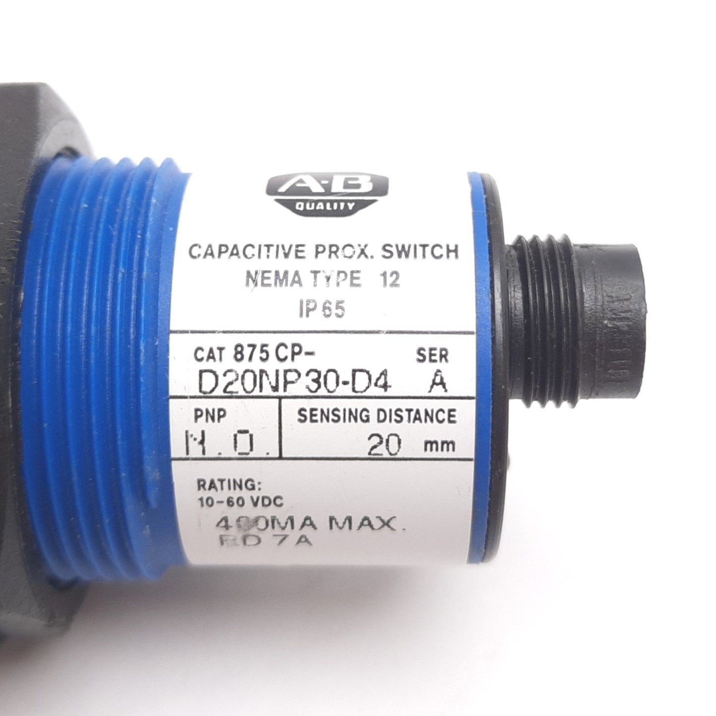 Used Allen Bradley 875CP-D20NP30-D4 Capacitive Proximity Sensor, 20mm, 10-60VDC, PNP