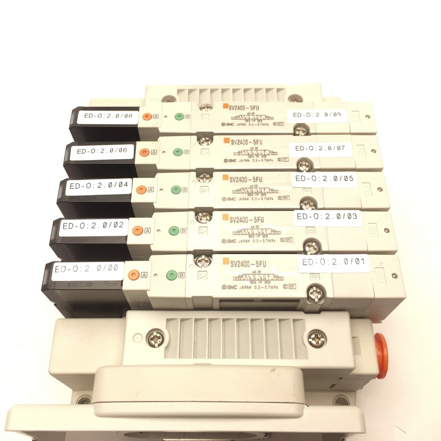 Used Lot of 5 SMC SV2400-5FU 3-Pos 24VDC Solenoid Valve, Manifold Base, Valve Plate