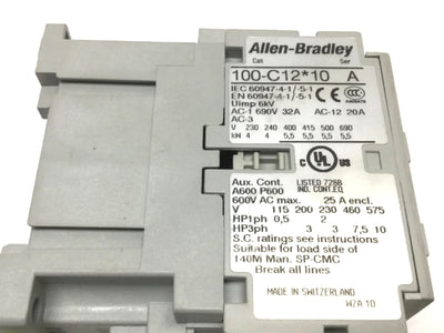 Used Allen Bradley 100-C12D10 Contactor 110/120VAC Coil, 600VAC 25A, 3-Pole + 1NO