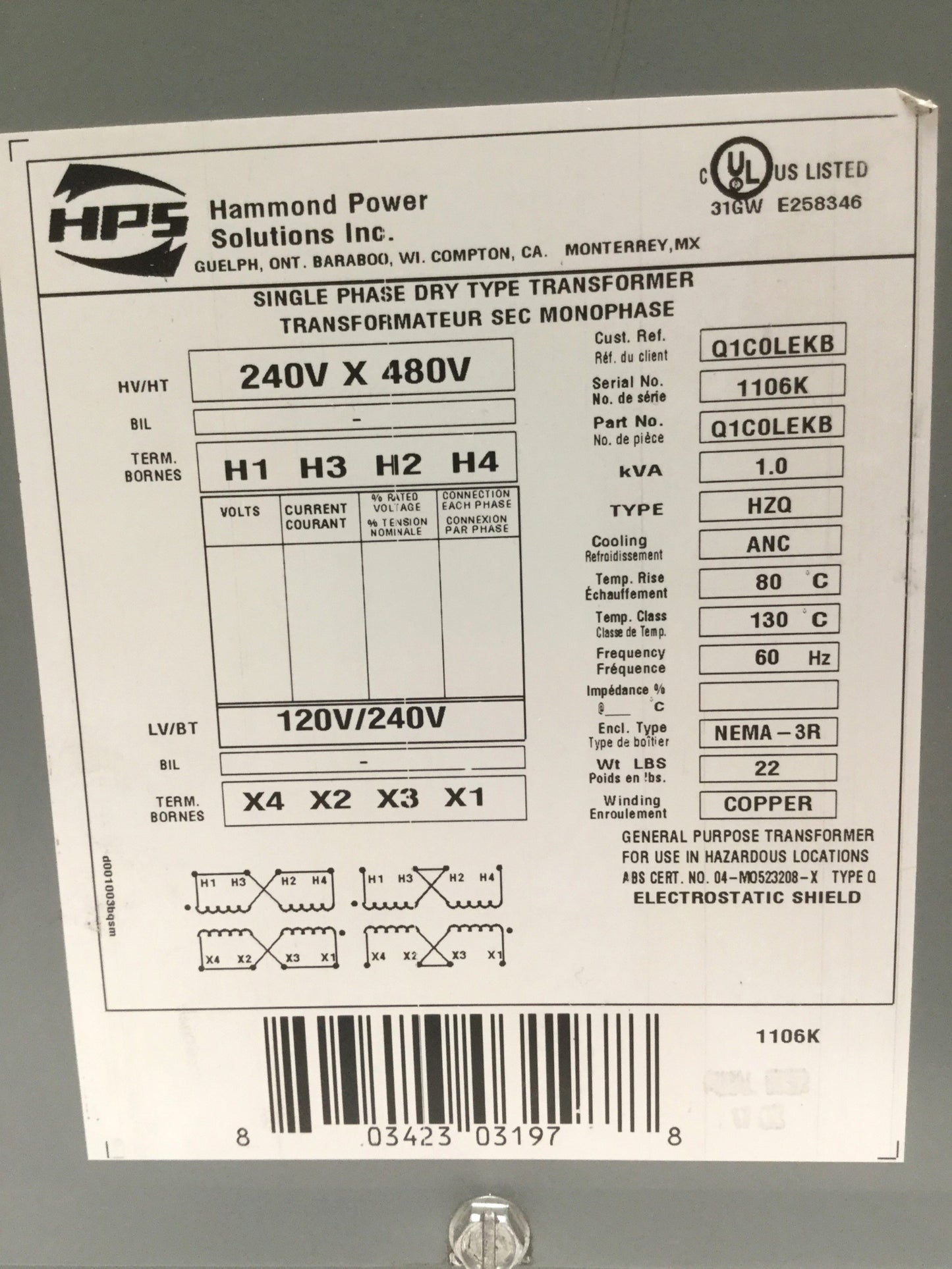 Used Hammond HPS Q1C0LEKB Titan Transformer 1kVA 240/480V Pri, 120/240V Sec, 1PH 60Hz