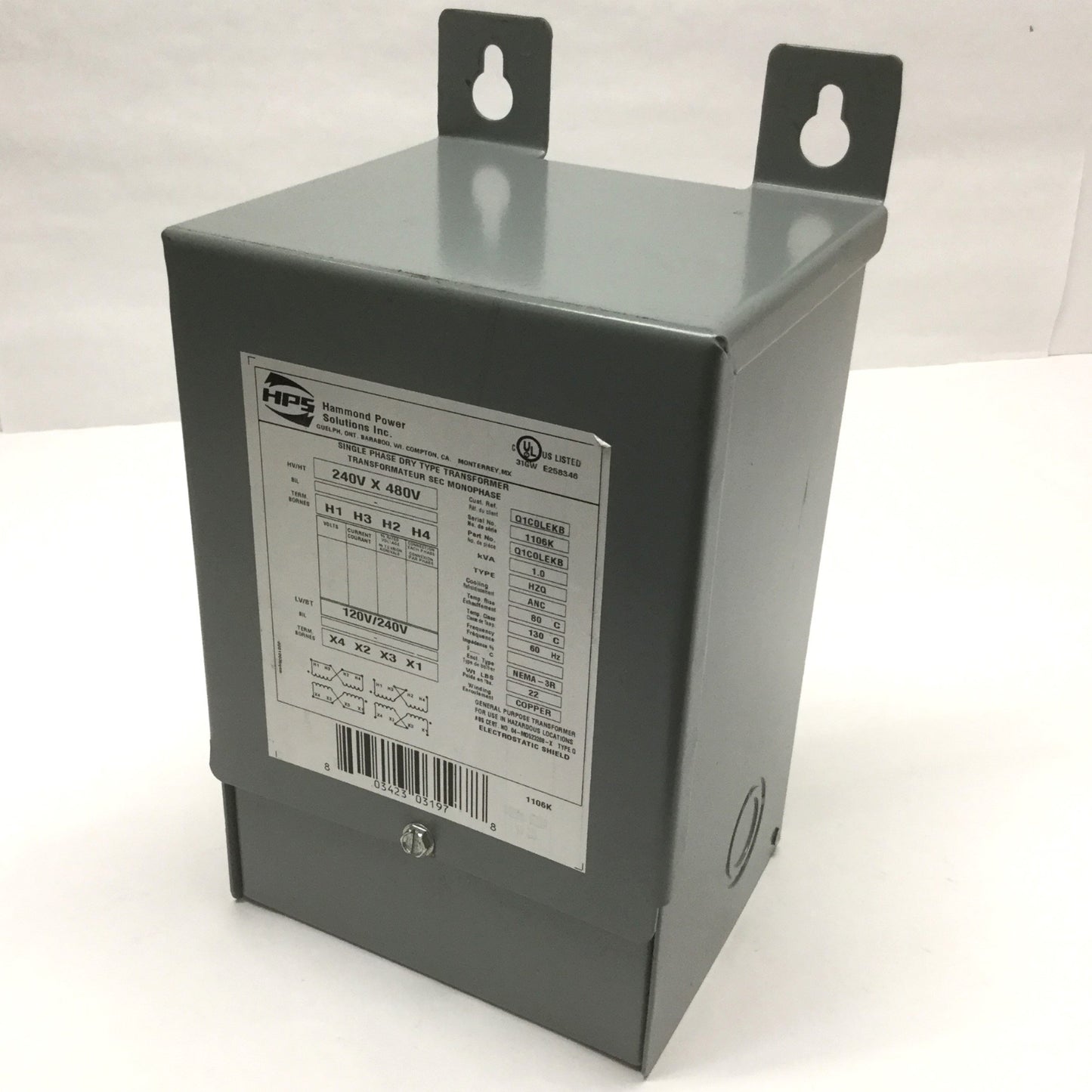 Used Hammond HPS Q1C0LEKB Titan Transformer 1kVA 240/480V Pri, 120/240V Sec, 1PH 60Hz