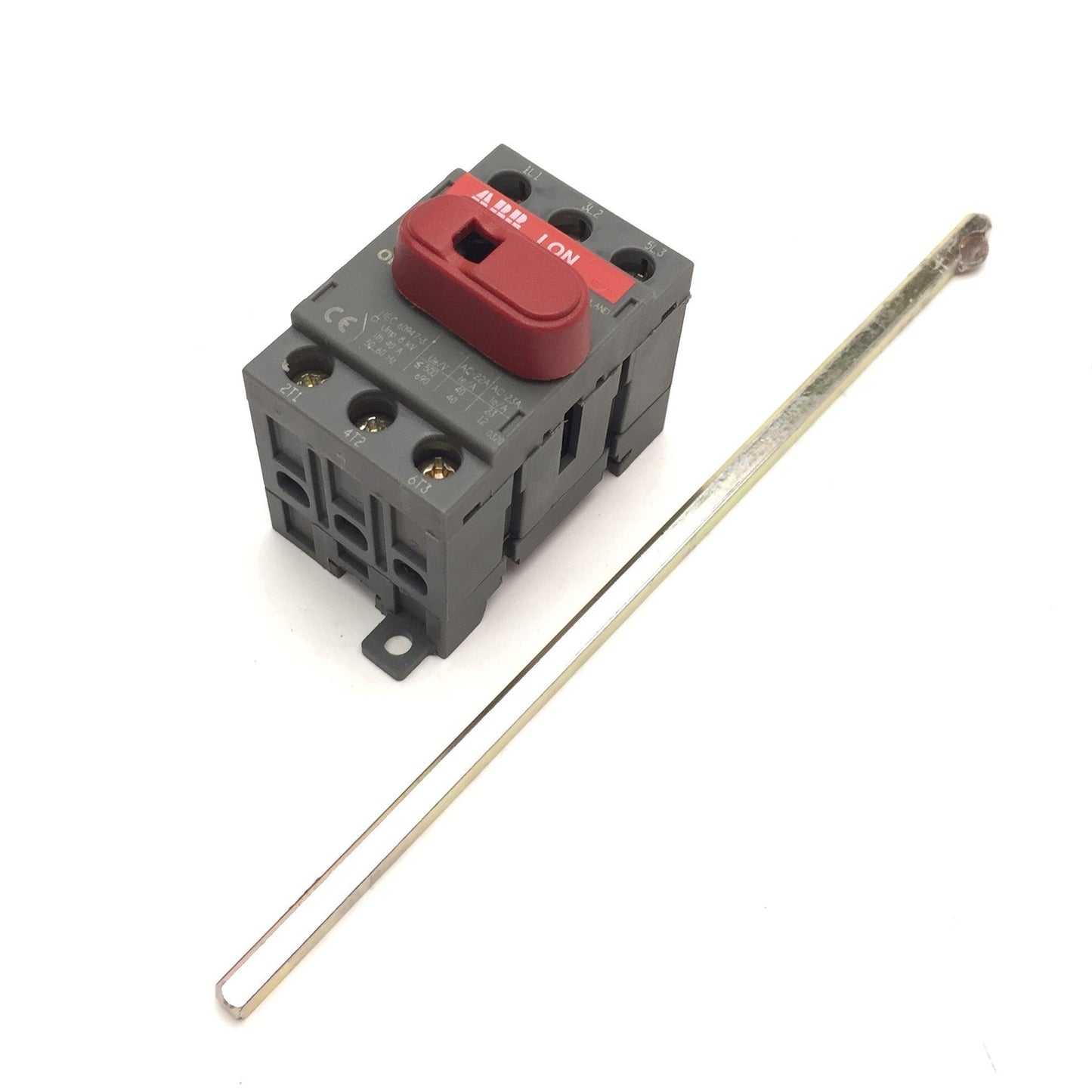 Used ABB OT32E3 Disconnect Switch 3-Pole Rating: 40A 600VAC DIN Rail Mount, Extension