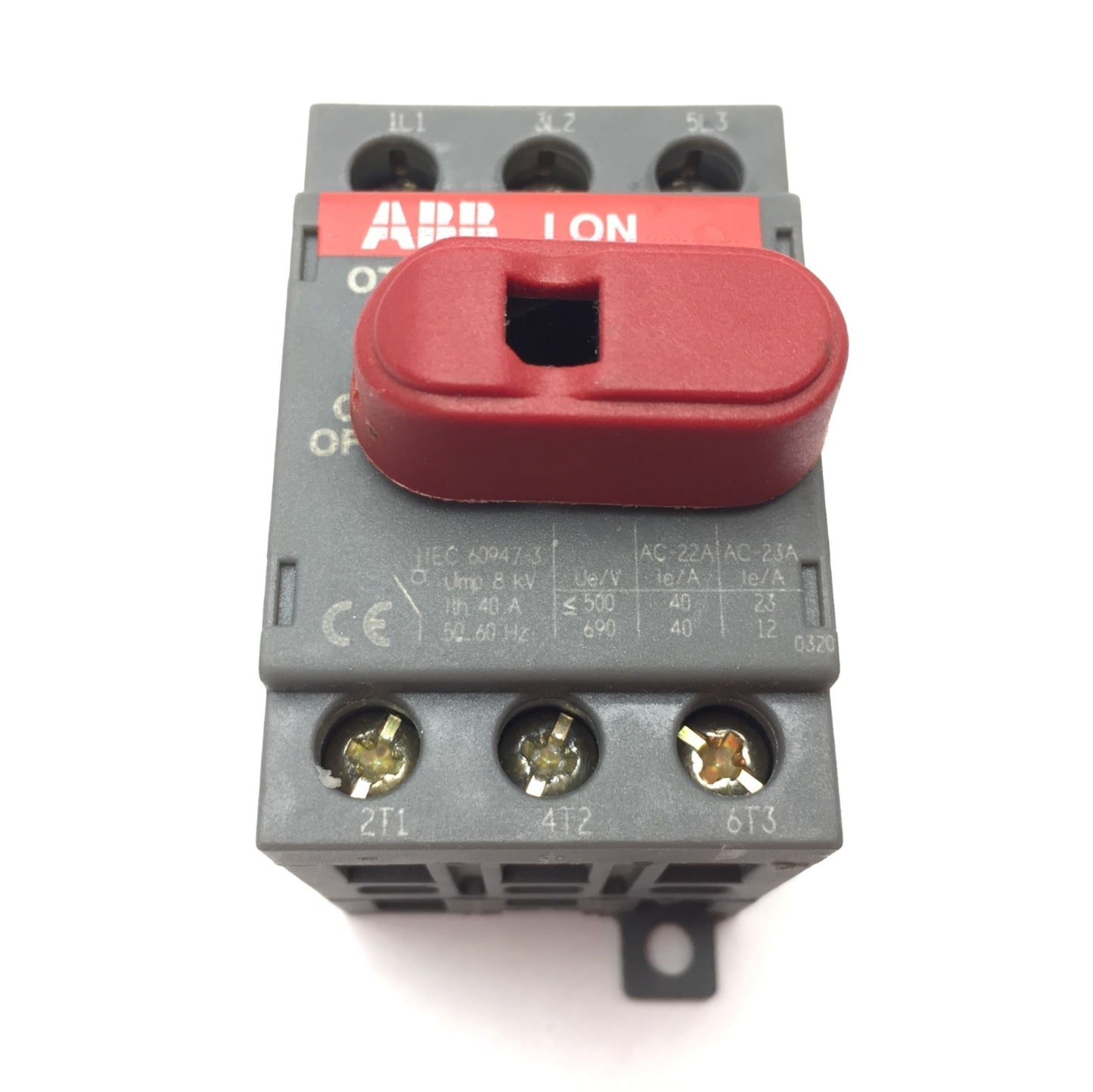 Used ABB OT32E3 Disconnect Switch 3-Pole Rating: 40A 600VAC DIN Rail Mount, Extension
