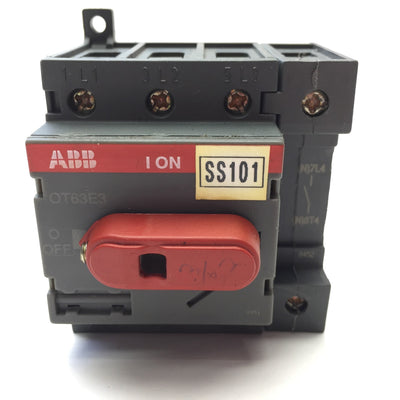 Used ABB OT63E3 Disconnect Switch 3-Pole Rating: 80A 600VAC, DIN Mount Screw Terminal
