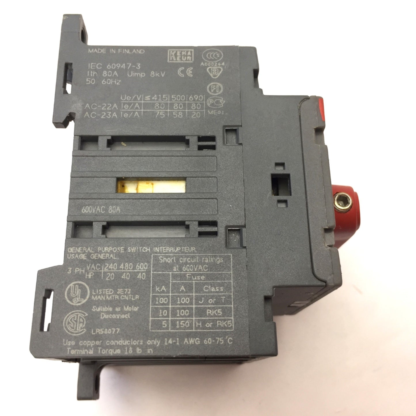 Used ABB OT63E3 Disconnect Switch 3-Pole Rating: 80A 600VAC, DIN Mount Screw Terminal