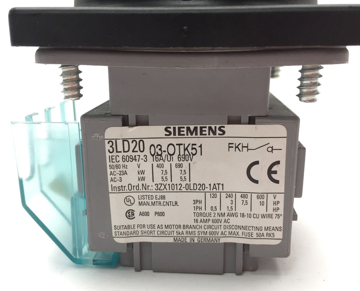 Used Siemens 3LD2003-0TK51 Disconnect Switch, 3-Pole, 2-Position On/Off, 16A 600VAC