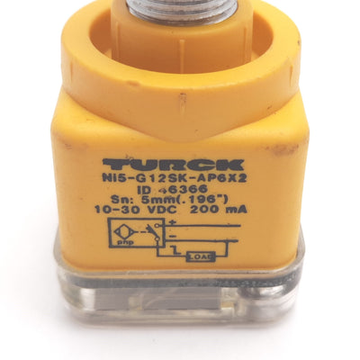 Used Turck Ni5-G12SK-AP6X2 Inductive Proximity Sensor, 5mm, 10-30VDC, 200mA, PNP, M12