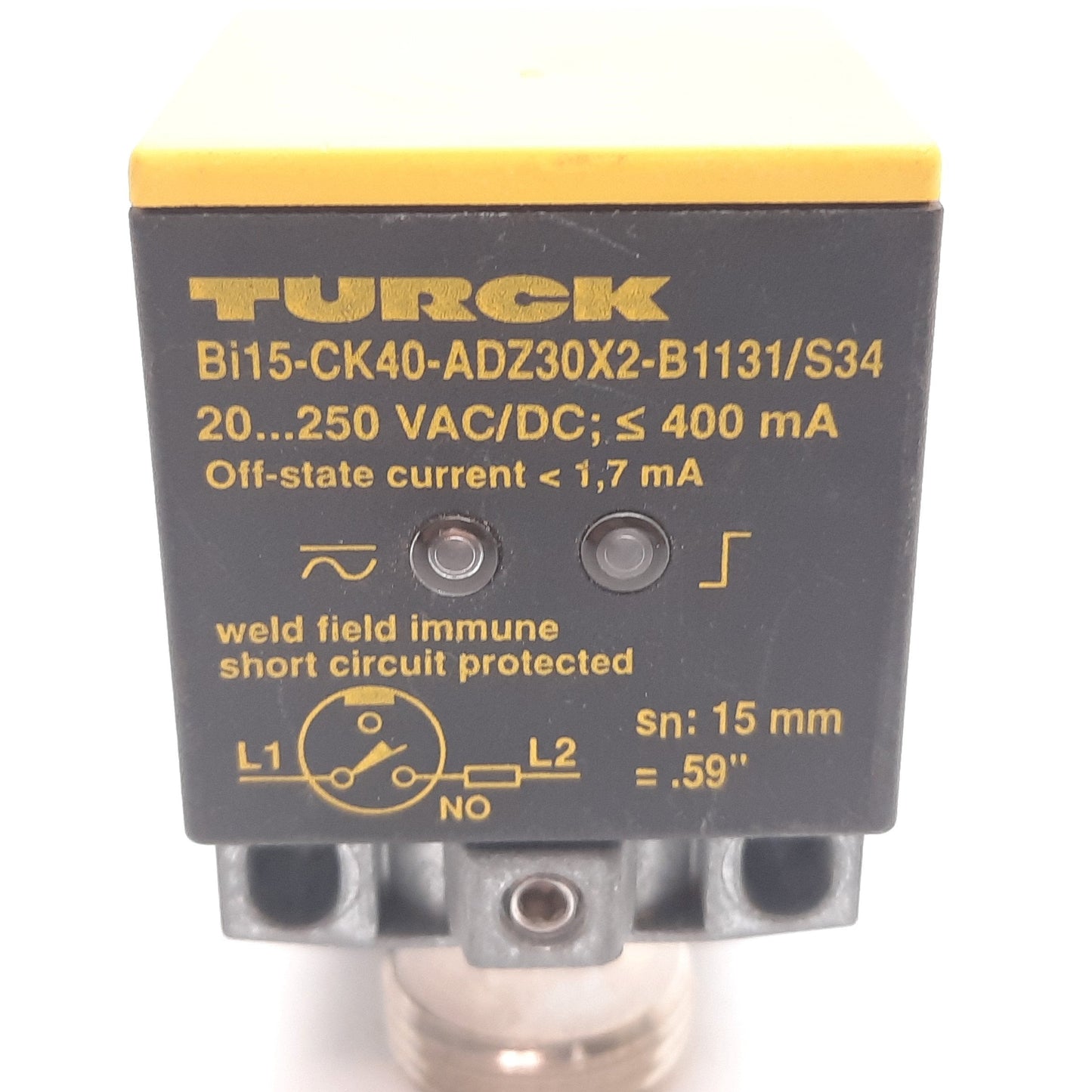 Used Turck Bi15-CK40-ADZ30X2-B1131/S34 Inductive Proximity Sensor, 15mm, 20-250VAC/DC