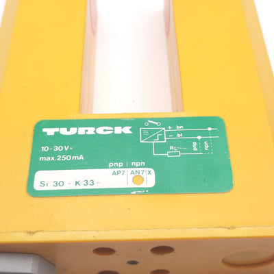 Used Turck Si30-K33-AN7 Inductive Slot Sensor, 30mm, 10-30VDC, 250mA, NPN Output